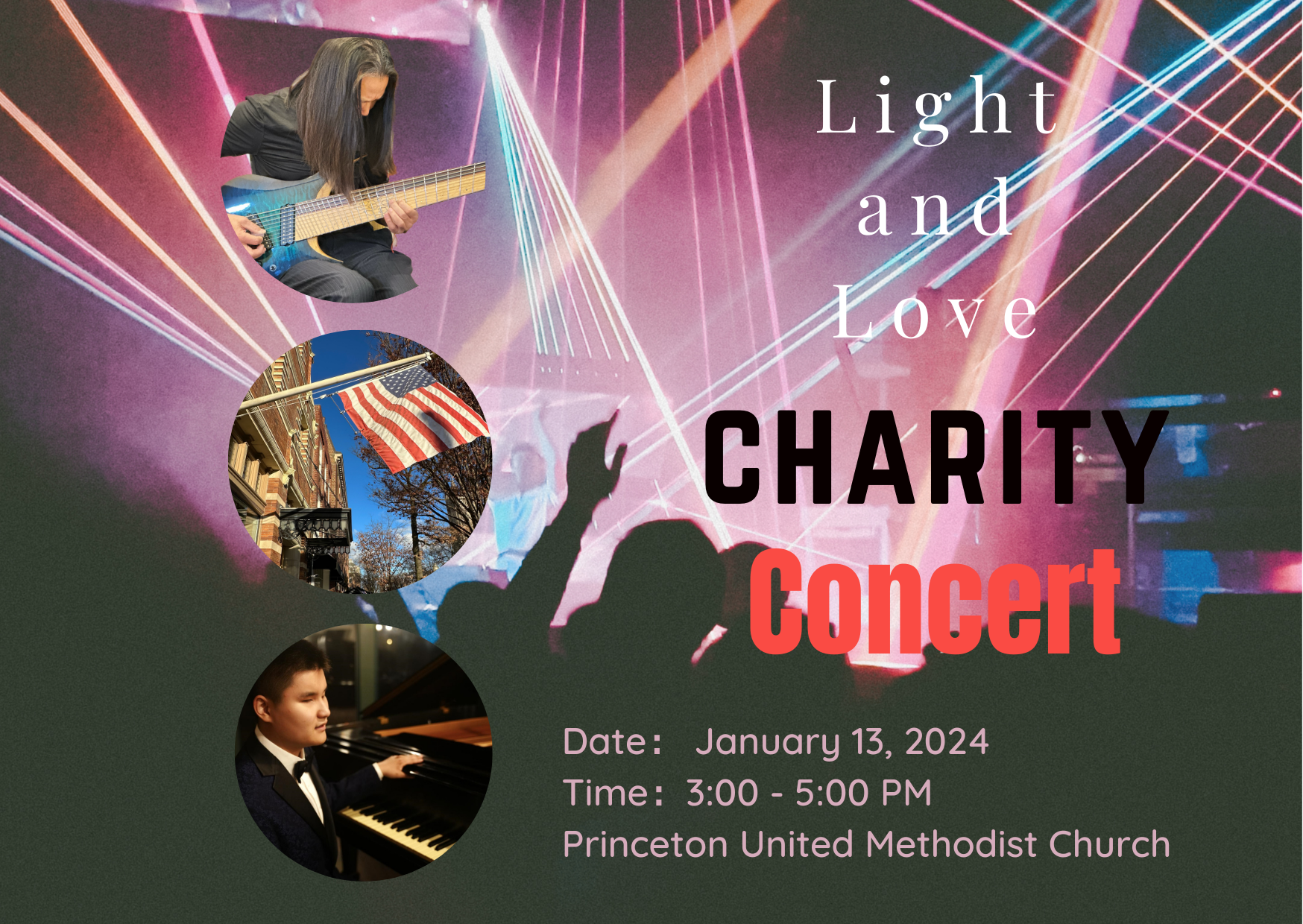 Light and Love charity concert poster featuring Stone Chun Shi and pianist Liu Hao